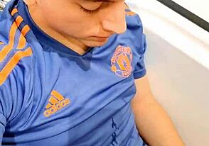 A young and straight European man masturbates and ejaculates on his hand while he urinates